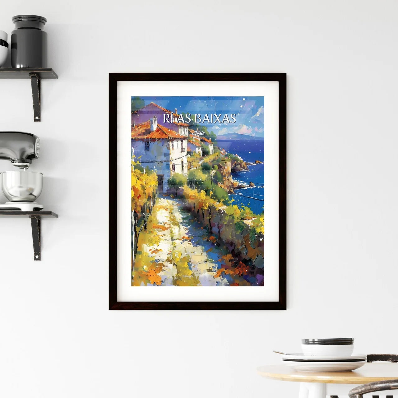 Rí­as Baixas, Spain - Art print of a painting of a town on a cliff by the ocean Custom Print