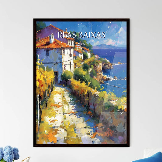 Rí­as Baixas, Spain - Art print of a painting of a town on a cliff by the ocean Framed Art