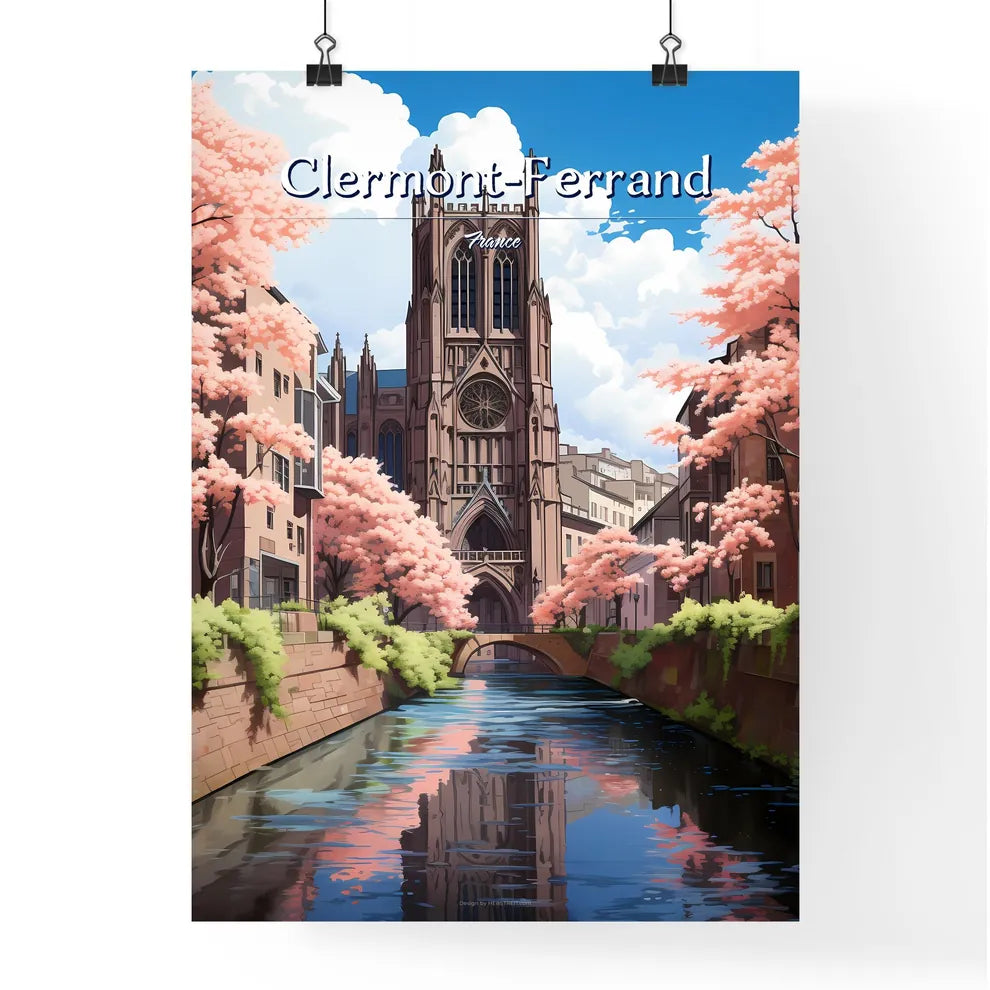 Clermont-Ferrand, France - Art print of a water way between buildings with pink trees Poster