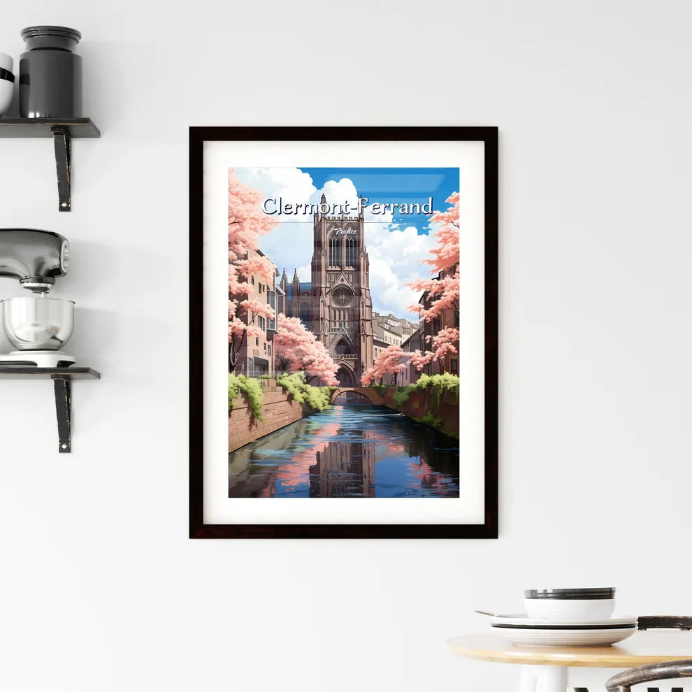 Clermont-Ferrand, France - Art print of a water way between buildings with pink trees Custom Print