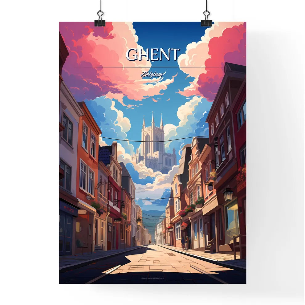 Ghent, Belgium - Art print of a street with buildings and a castle in the sky Poster