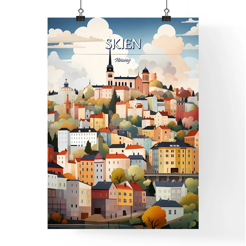 Skien, Norway - Art print of a colorful city landscape with trees and buildings Poster