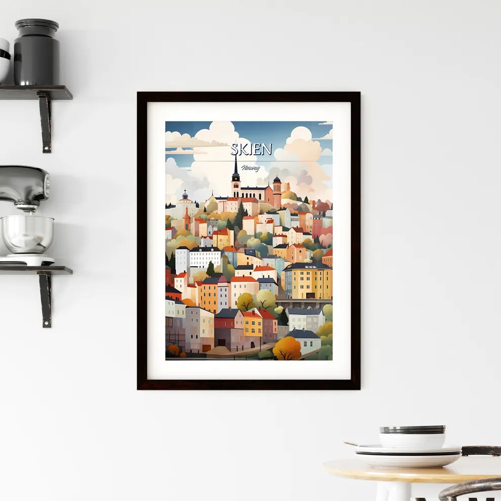 Skien, Norway - Art print of a colorful city landscape with trees and buildings Custom Print