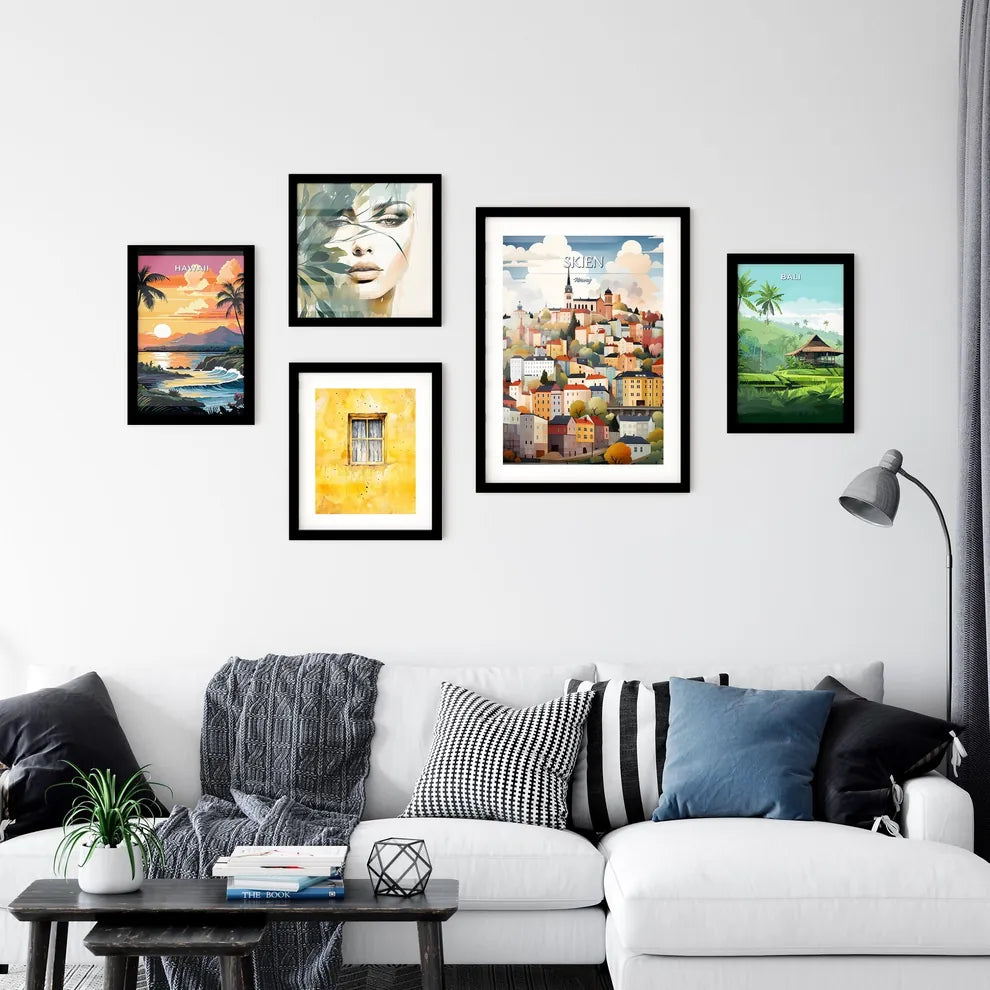 Skien, Norway - Art print of a colorful city landscape with trees and buildings Interior Design