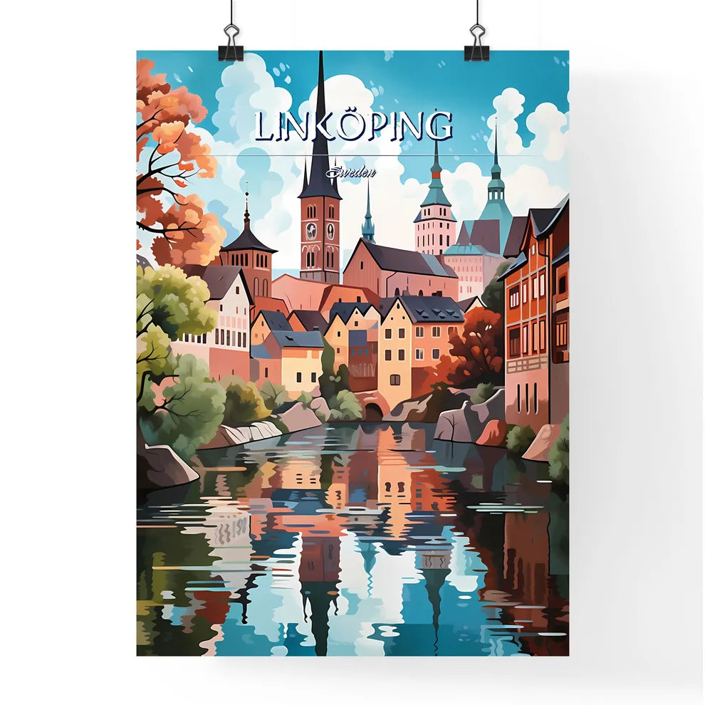 Linköping, Sweden, - Art print of a water body of water with buildings and trees Poster