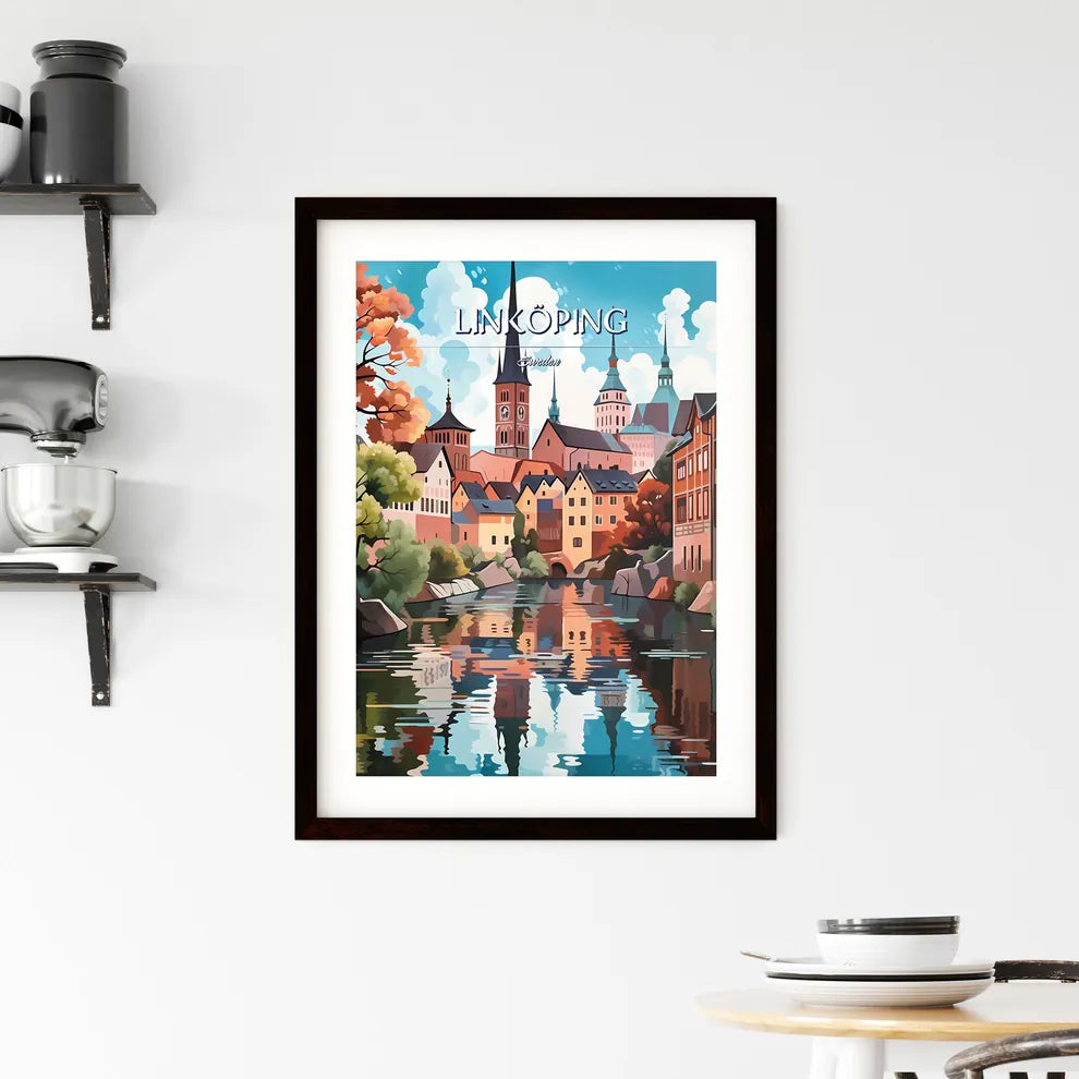 Linköping, Sweden, - Art print of a water body of water with buildings and trees Custom Print