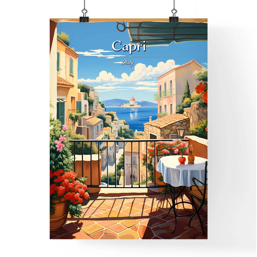 Capri, Italy - Art print of a balcony with a table and chairs and flowers Poster
