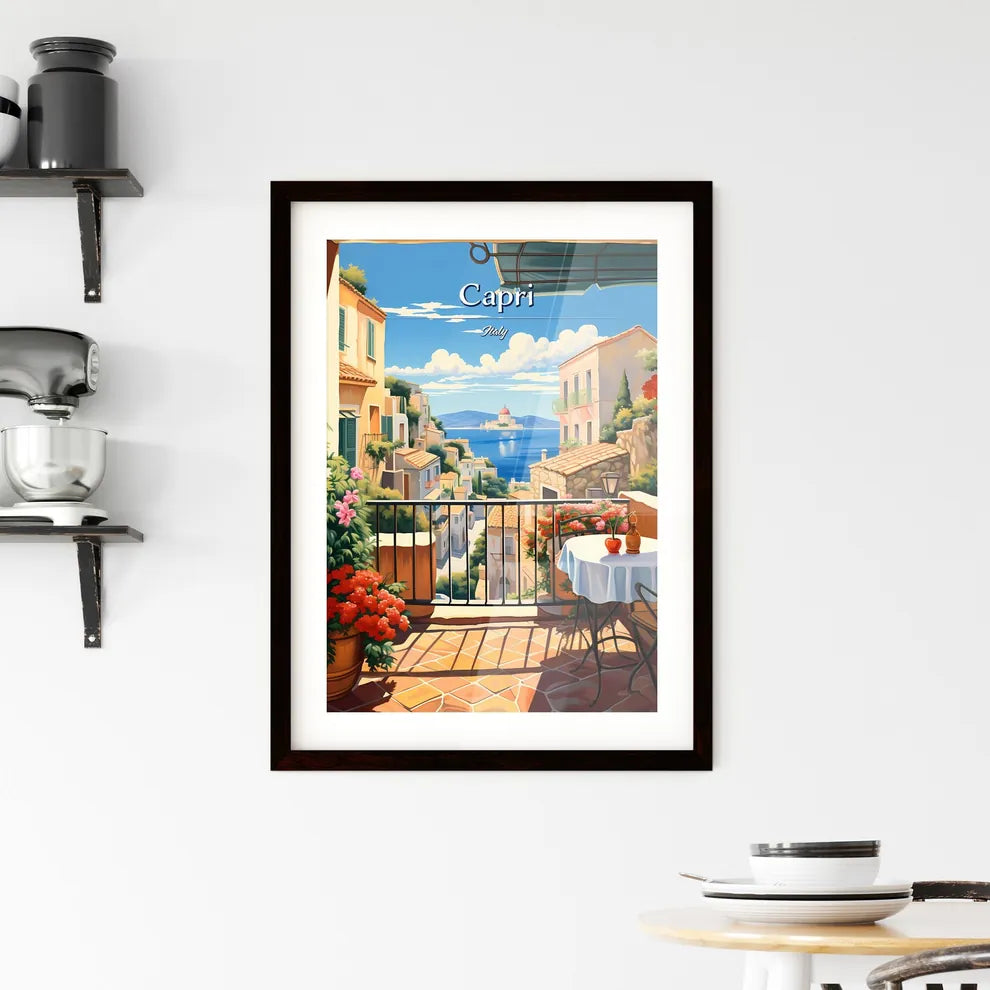 Capri, Italy - Art print of a balcony with a table and chairs and flowers Custom Print