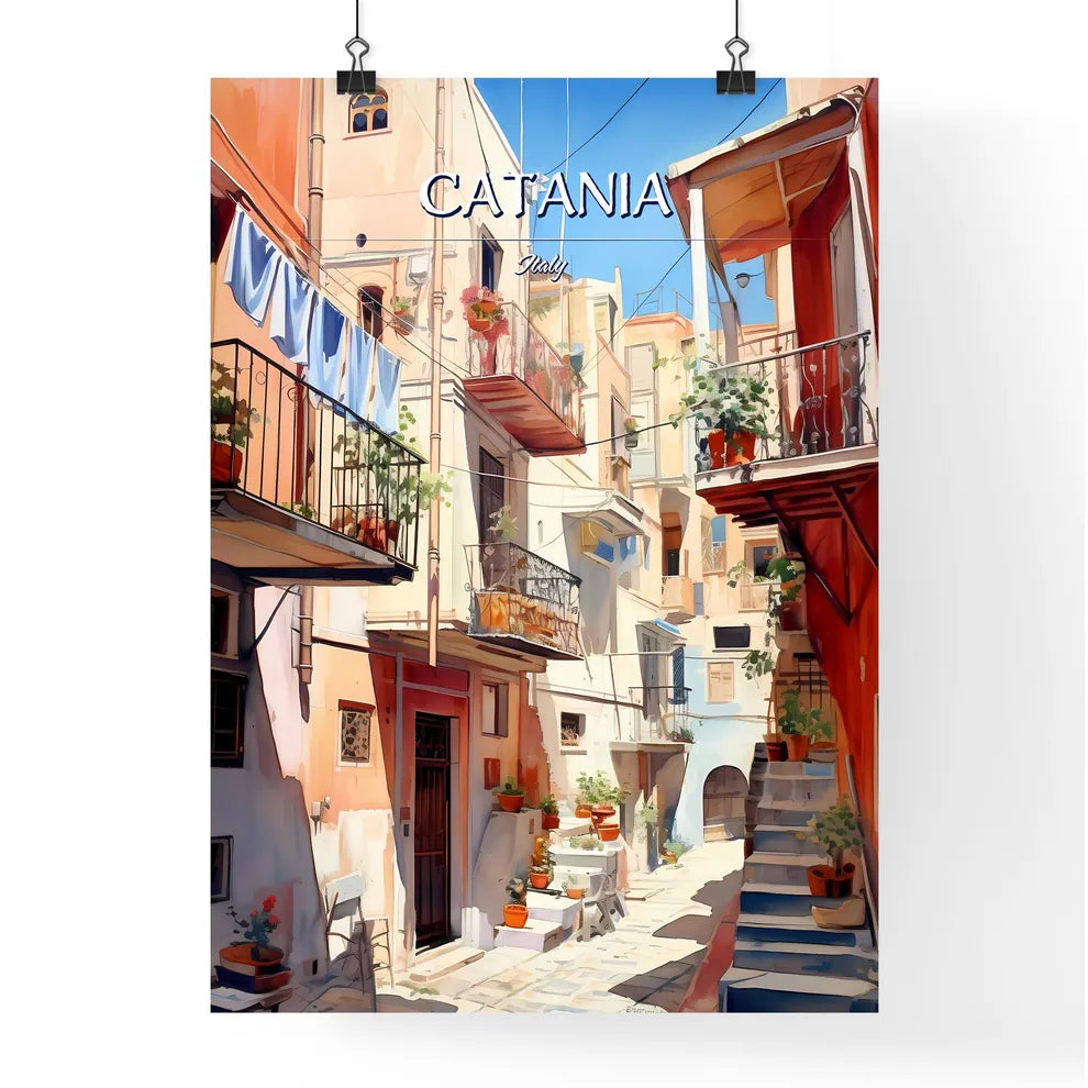 Catania, Italy - Art print of a painting of a courtyard with many buildings and plants Poster
