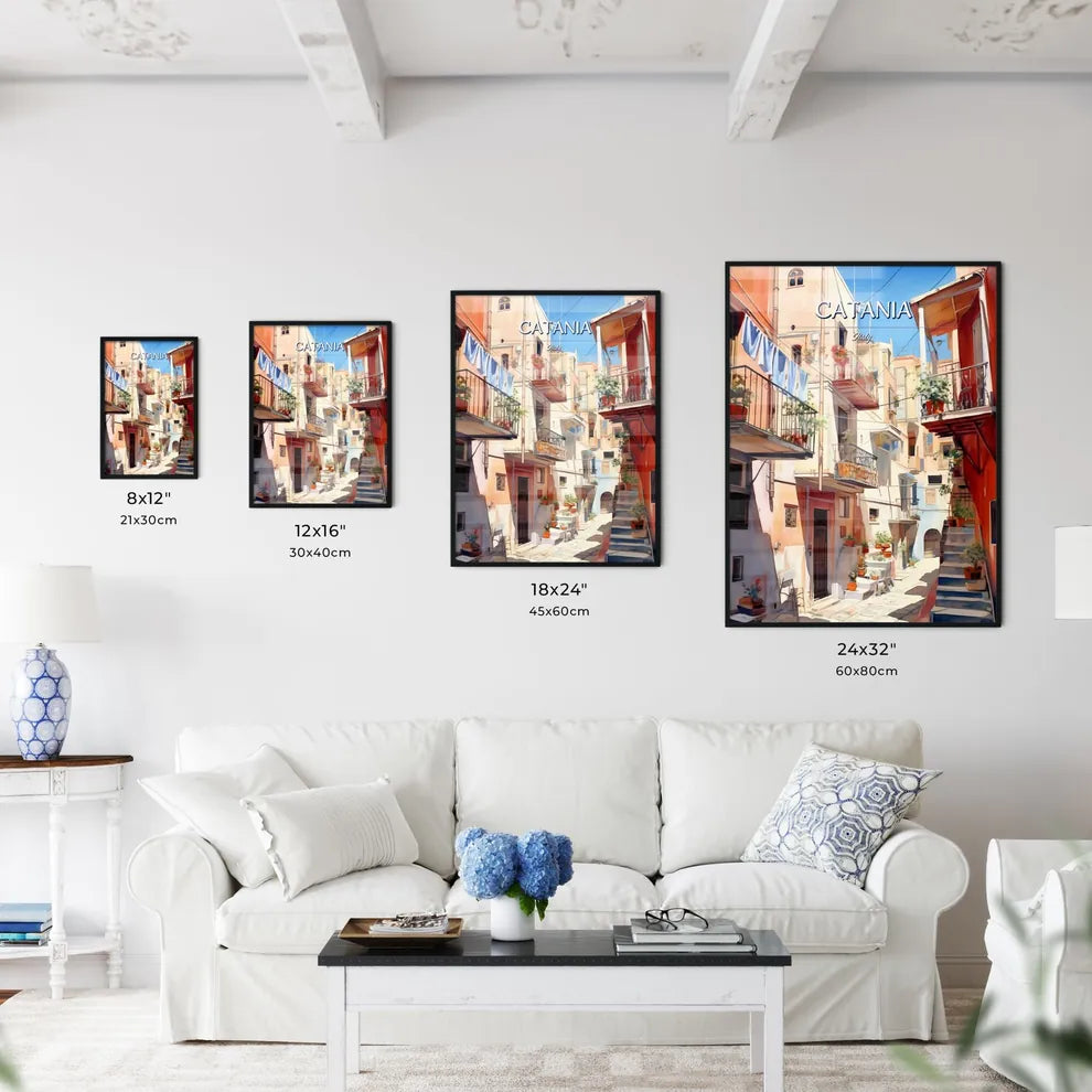 Catania, Italy - Art print of a painting of a courtyard with many buildings and plants Size Chart