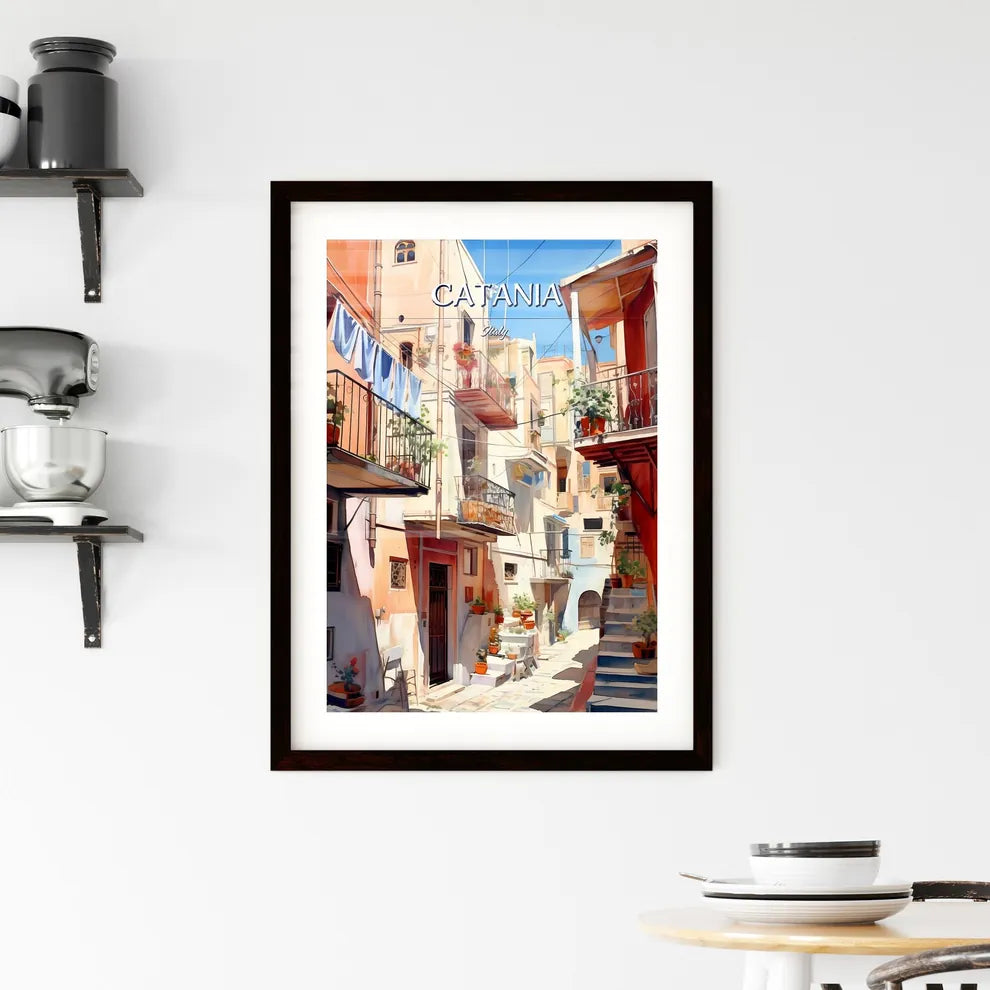 Catania, Italy - Art print of a painting of a courtyard with many buildings and plants Custom Print