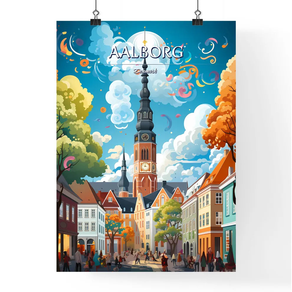 Aalborg, Denmark - Art print of a colorful city with a clock tower Poster