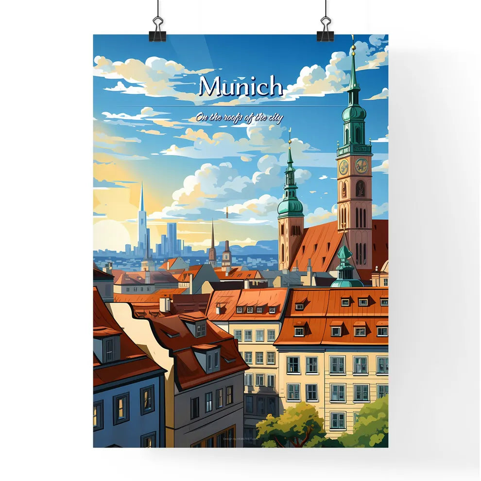 On the roofs of Munich - Art print of a city with a clock tower Poster