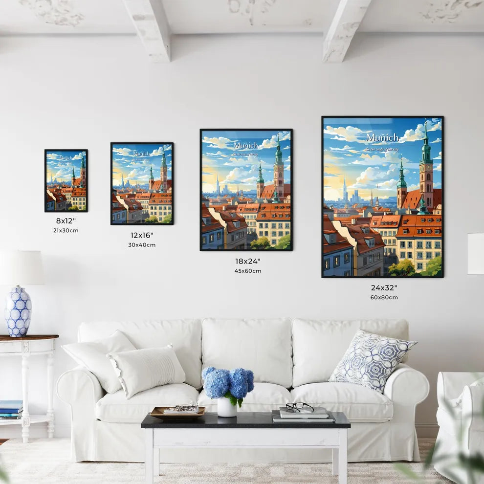 On the roofs of Munich - Art print of a city with a clock tower Size Chart