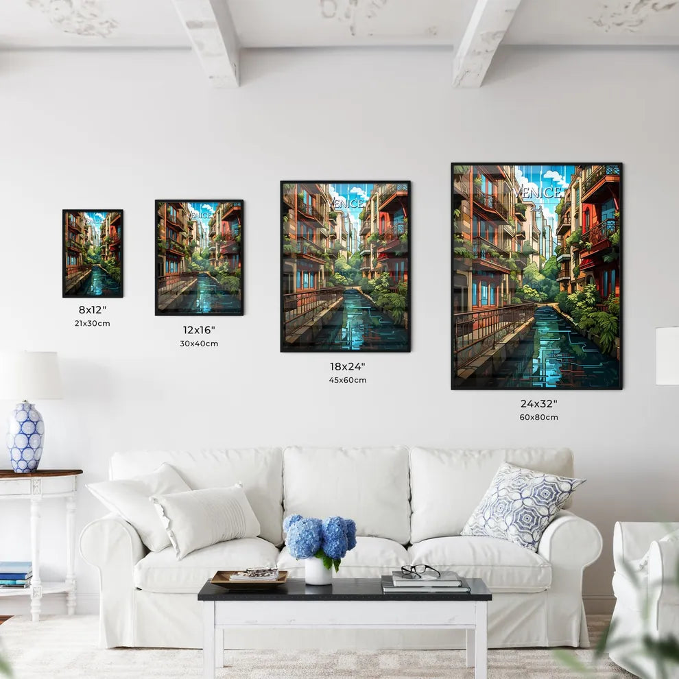 Venice, Italy - Art print of a water channel between buildings with French Quarter in the background Size Chart