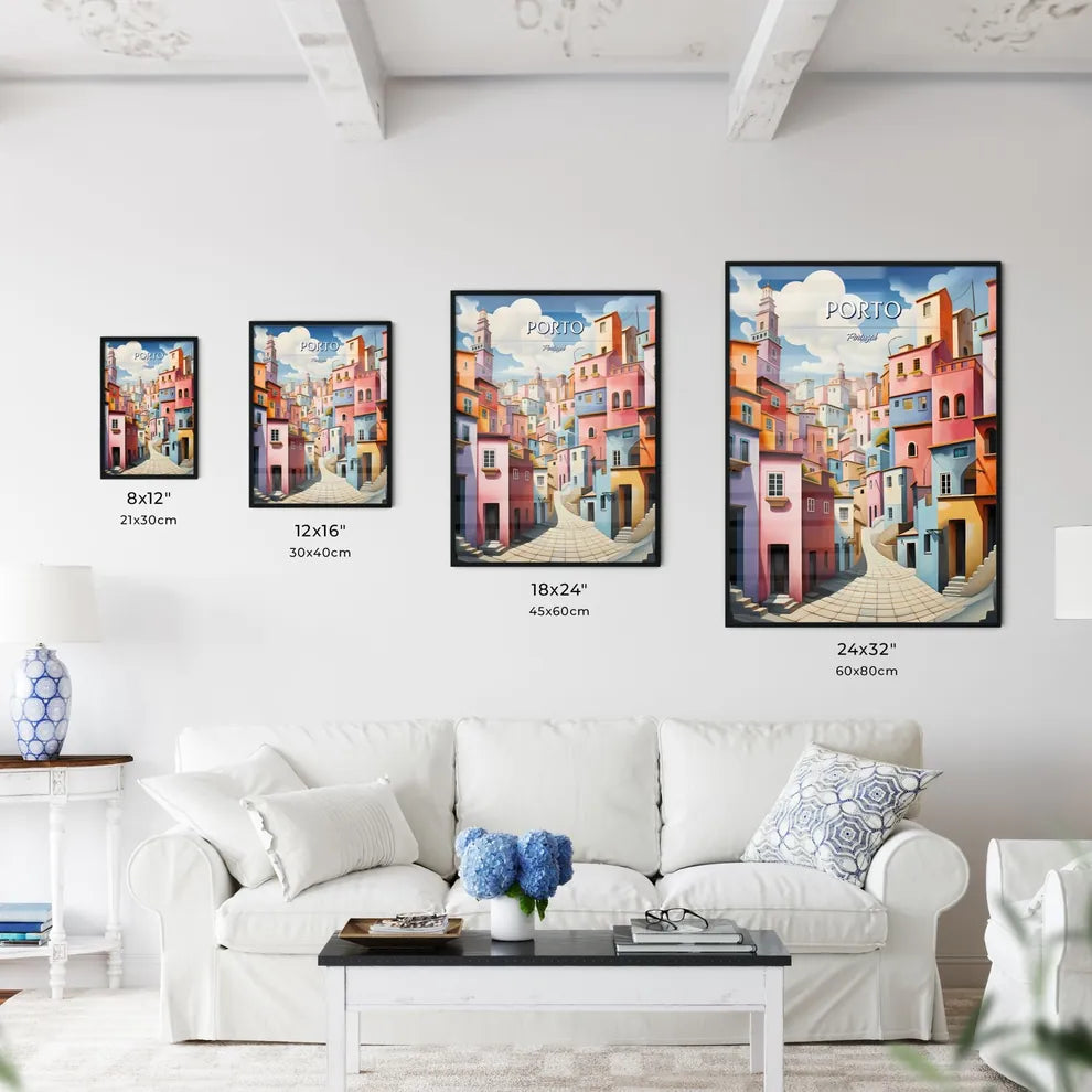 Porto, Portugal - Art print of a colorful city with a stone path Size Chart