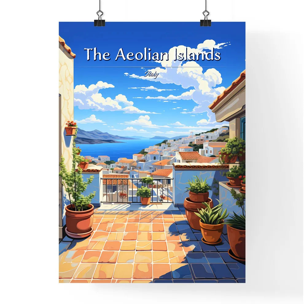 On the roofs of The Aeolian Islands, Italy - Art print of a balcony with potted plants and a view of the sea Poster