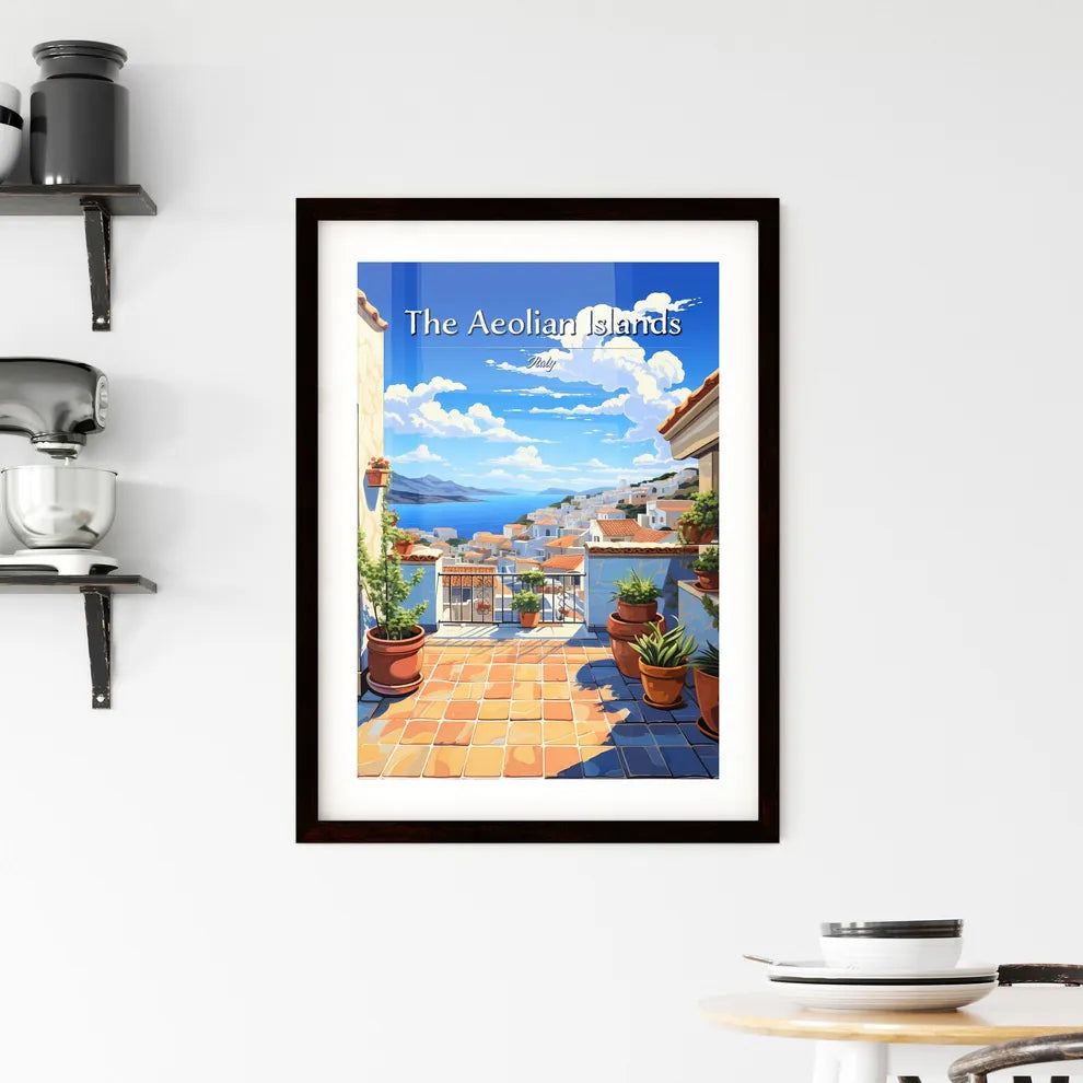 On the roofs of The Aeolian Islands, Italy - Art print of a balcony with potted plants and a view of the sea Custom Print