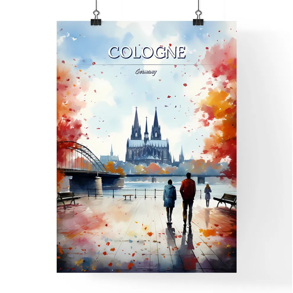 Cologne, Germany - Art print of a watercolor painting of a couple of people walking on a boardwalk Poster