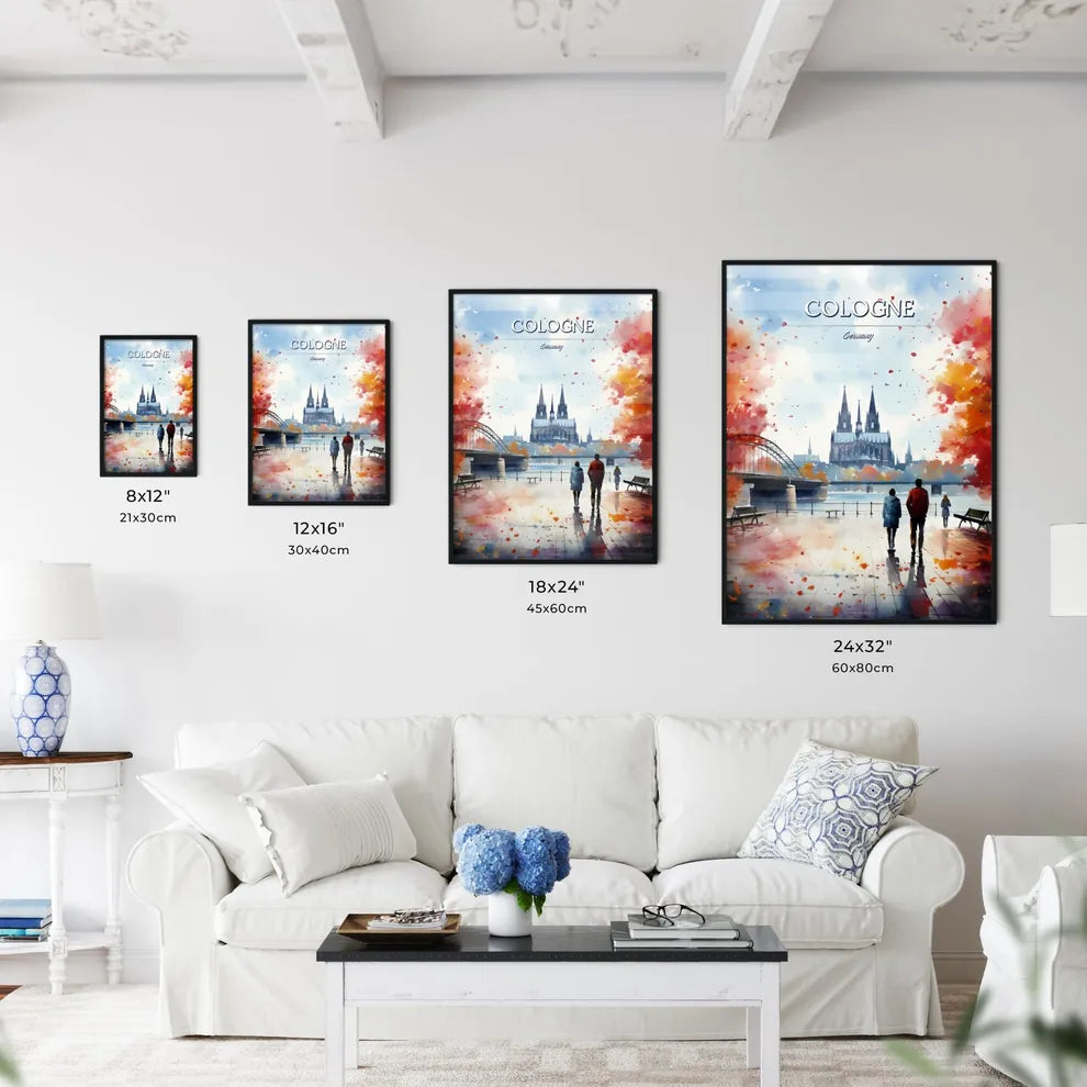 Cologne, Germany - Art print of a watercolor painting of a couple of people walking on a boardwalk Size Chart