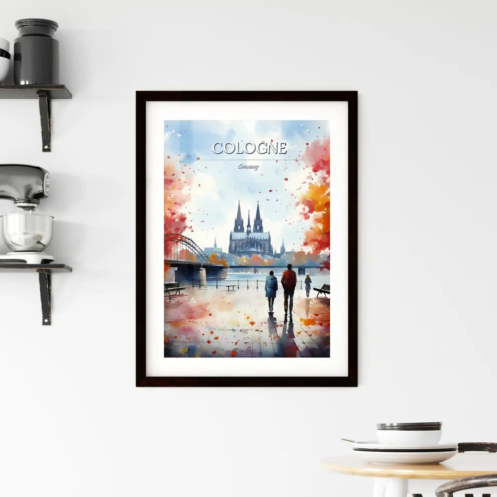 Cologne, Germany - Art print of a watercolor painting of a couple of people walking on a boardwalk Custom Print