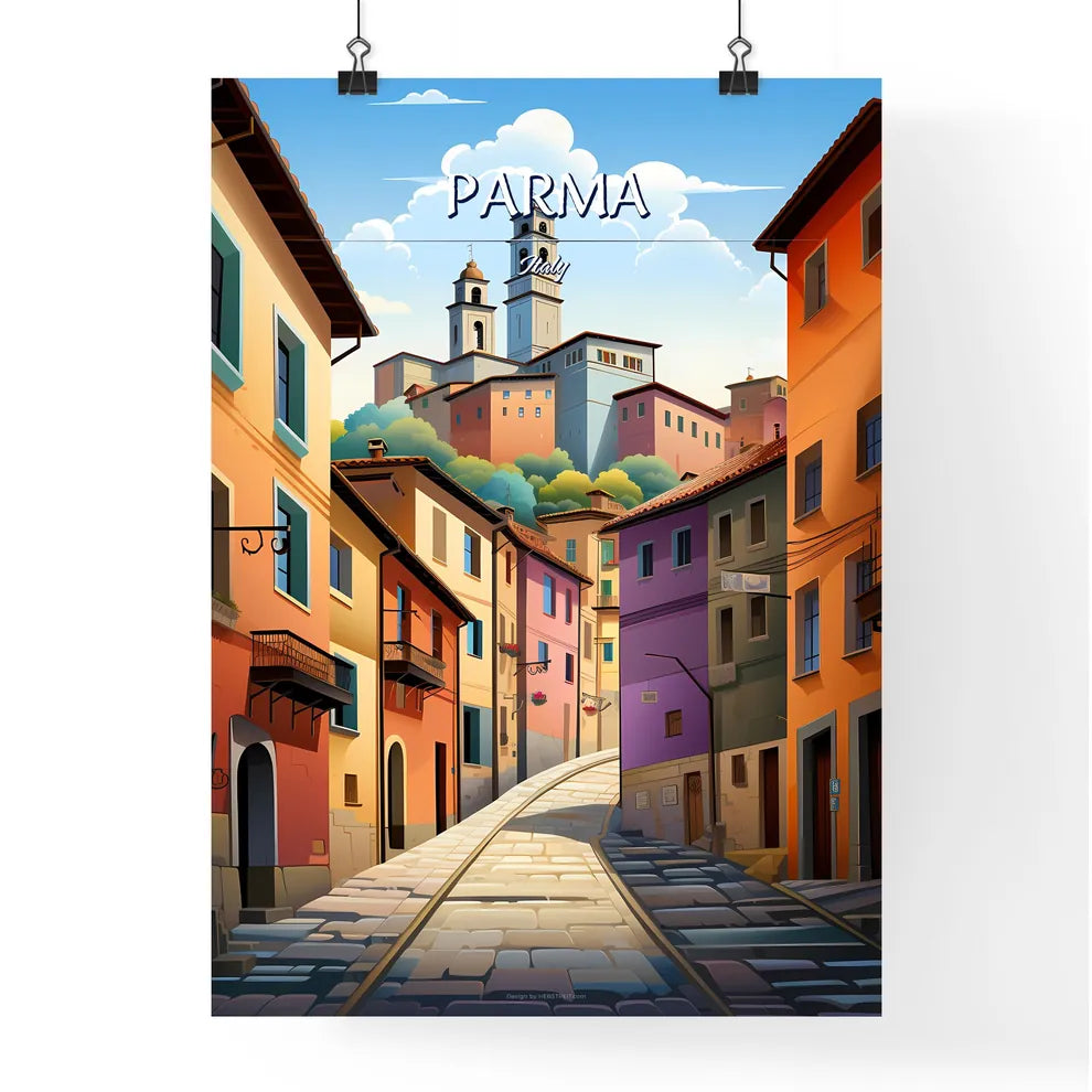 Parma, Italy - Art print of a street with colorful buildings and a tower Poster