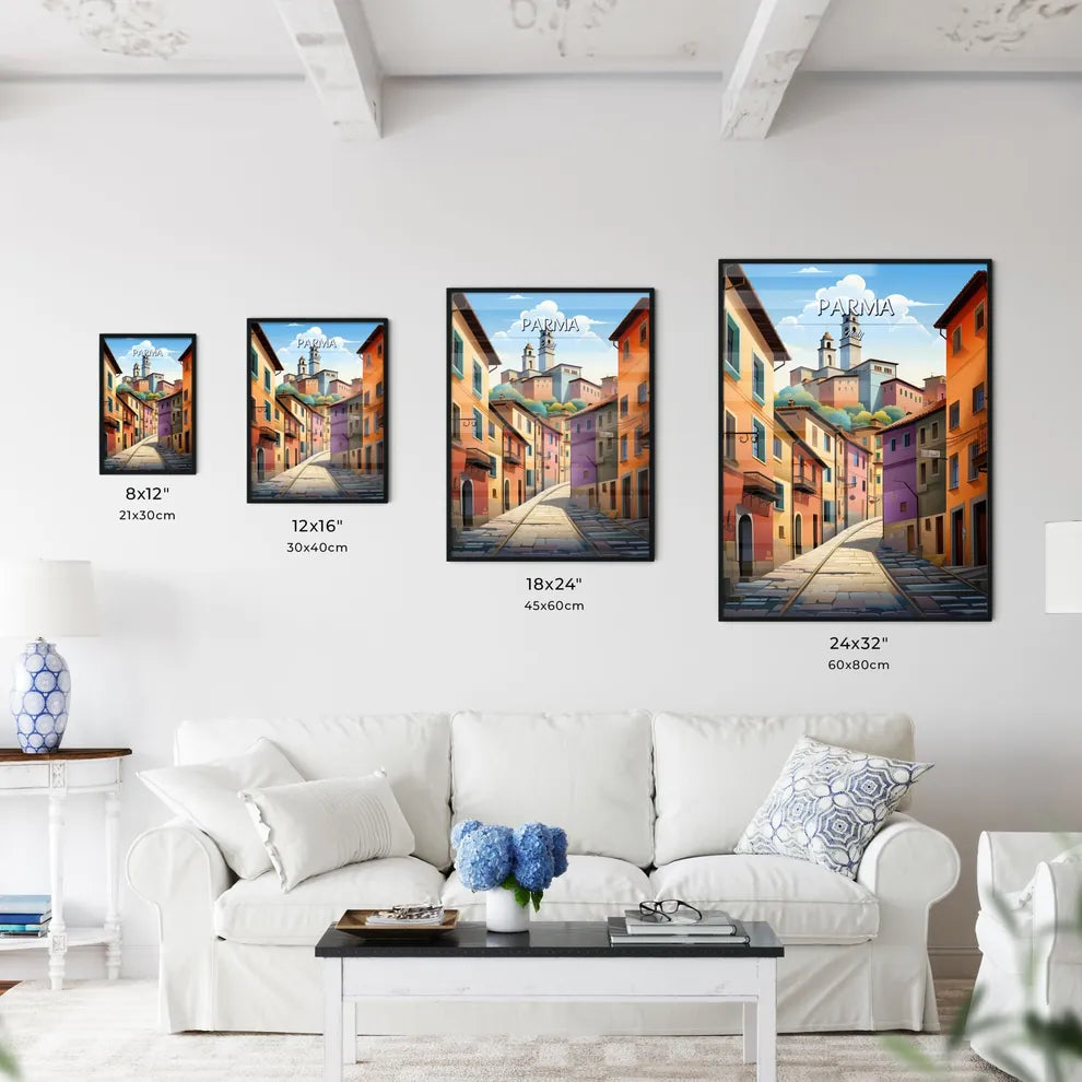 Parma, Italy - Art print of a street with colorful buildings and a tower Size Chart