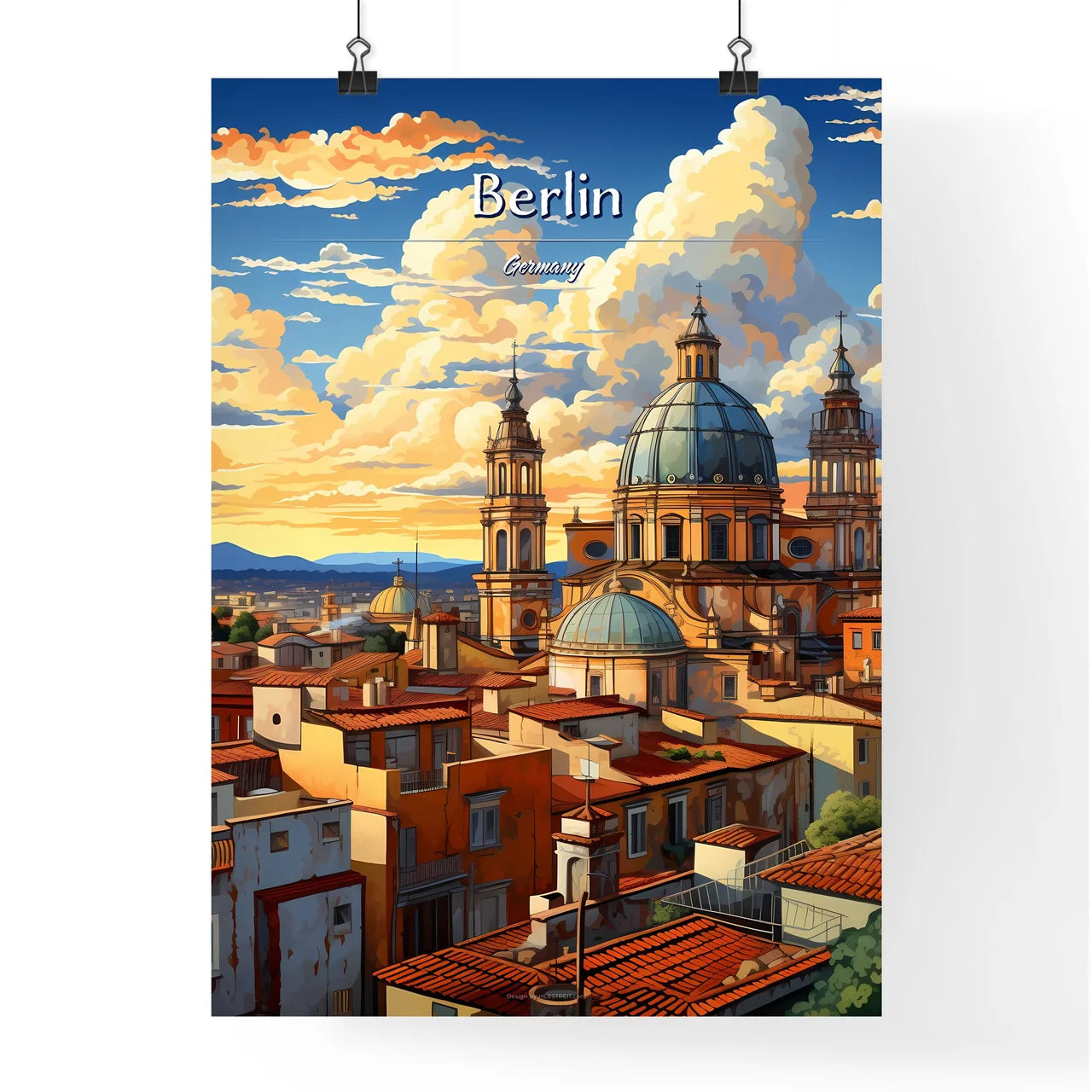 On the roofs of Berlin, Germany - Art print of a city with a dome and towers Poster