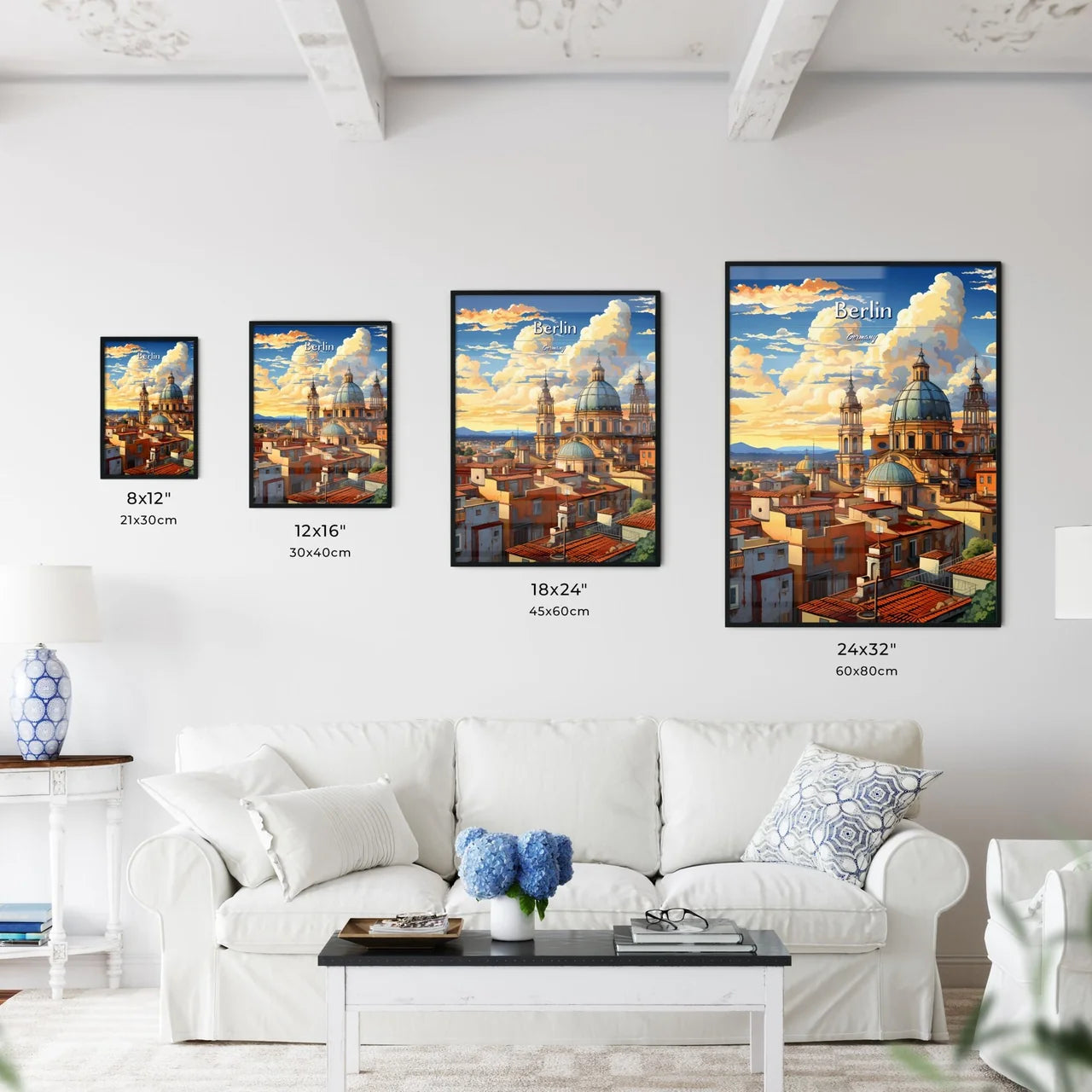 On the roofs of Berlin, Germany - Art print of a city with a dome and towers Size Chart