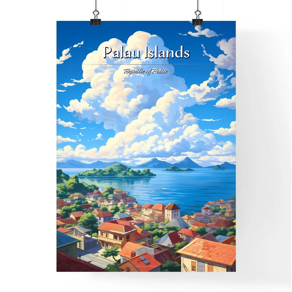 On the roofs of Palau Islands, Republic of Palau - Art print of a city by the water Poster