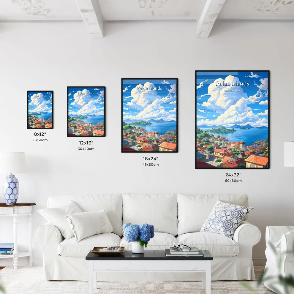 On the roofs of Palau Islands, Republic of Palau - Art print of a city by the water Size Chart