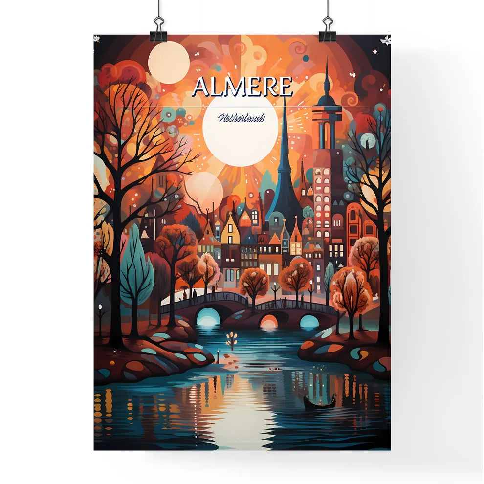 Almere, Netherlands - Art print of a painting of a city with trees and a bridge and a boat Poster