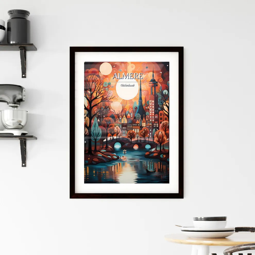 Almere, Netherlands - Art print of a painting of a city with trees and a bridge and a boat Custom Print