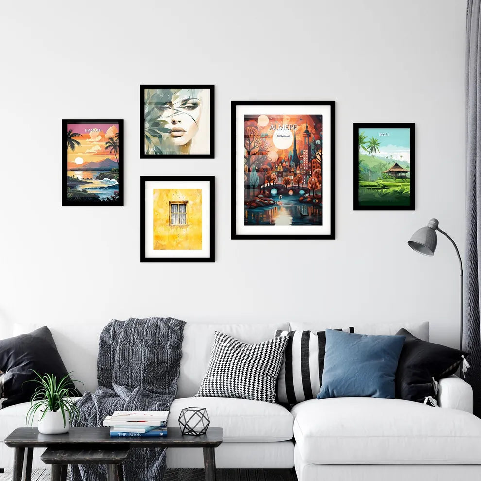 Almere, Netherlands - Art print of a painting of a city with trees and a bridge and a boat Interior Design