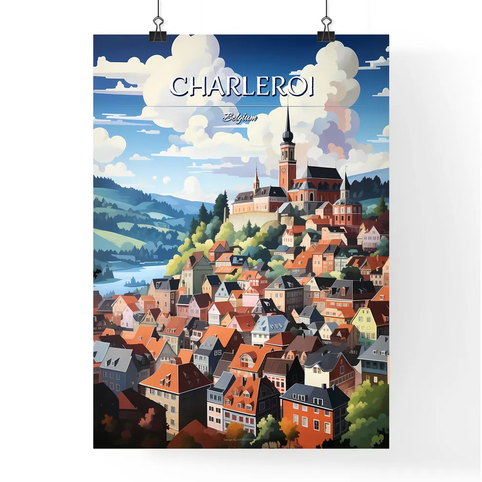 Charleroi, Belgium - Art print of a town with a church on top of it Poster