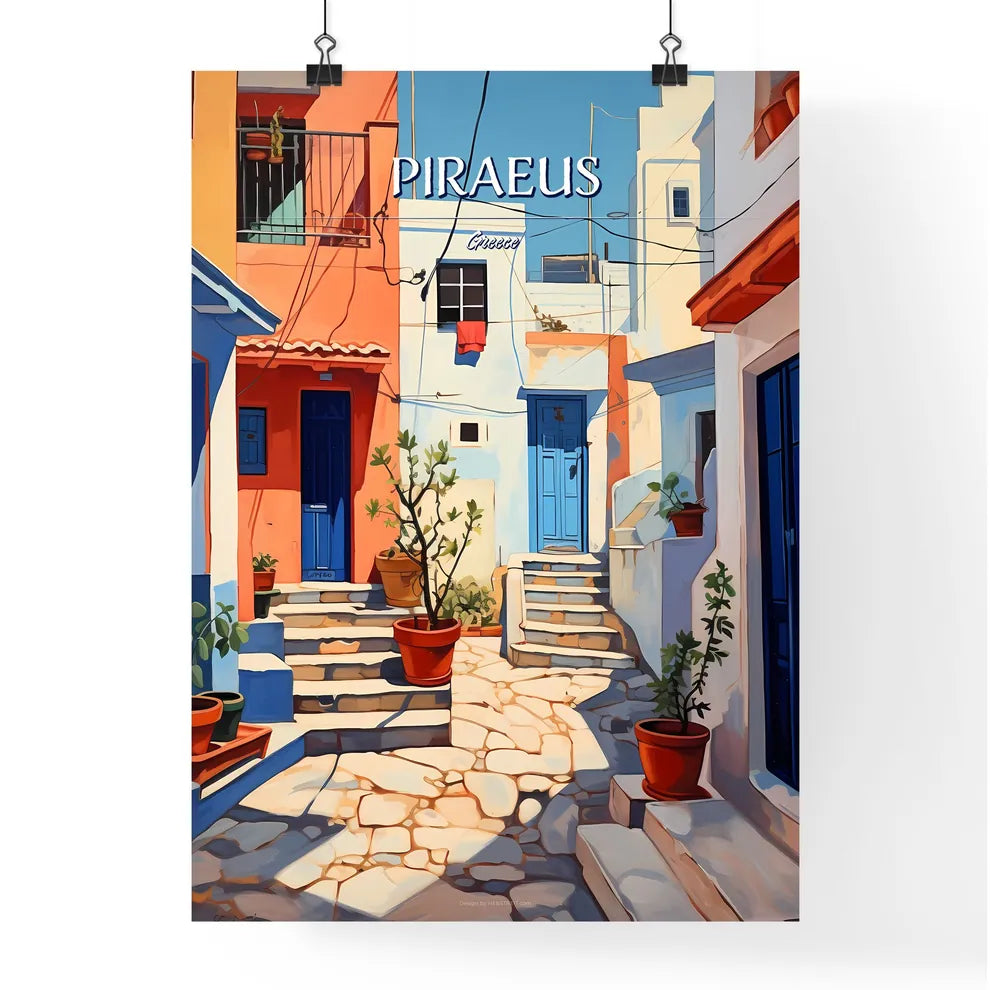 Piraeus, Greece - Art print of a painting of a courtyard with stairs and potted plants Poster