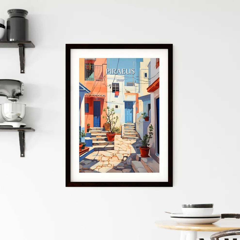 Piraeus, Greece - Art print of a painting of a courtyard with stairs and potted plants Custom Print