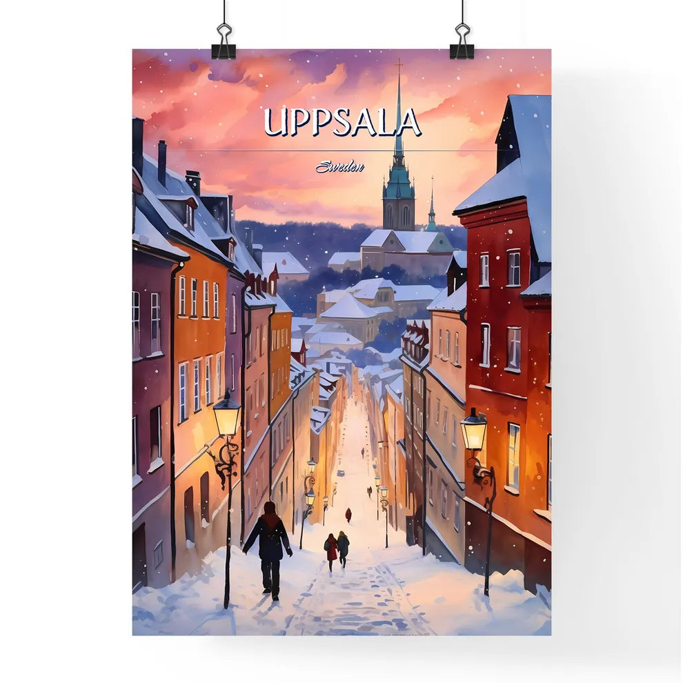 Uppsala, Sweden, - Art print of a snow covered street with people walking down it Poster