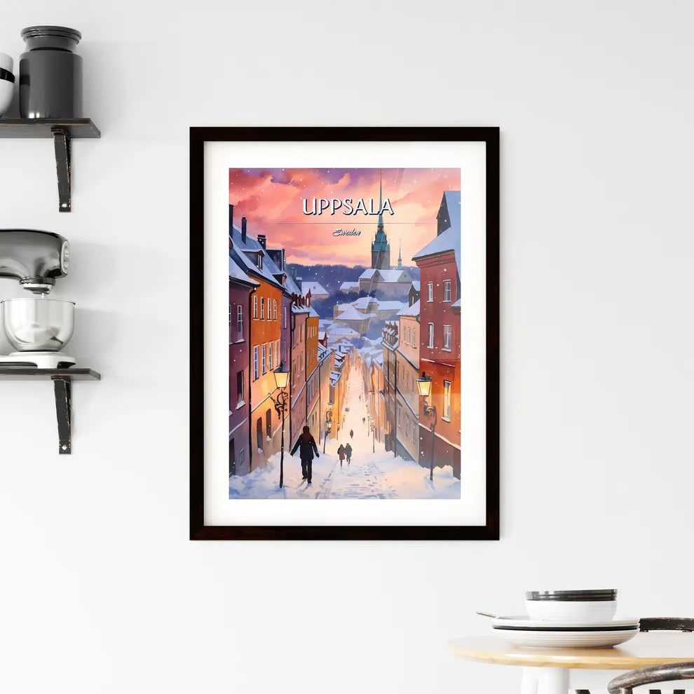 Uppsala, Sweden, - Art print of a snow covered street with people walking down it Custom Print