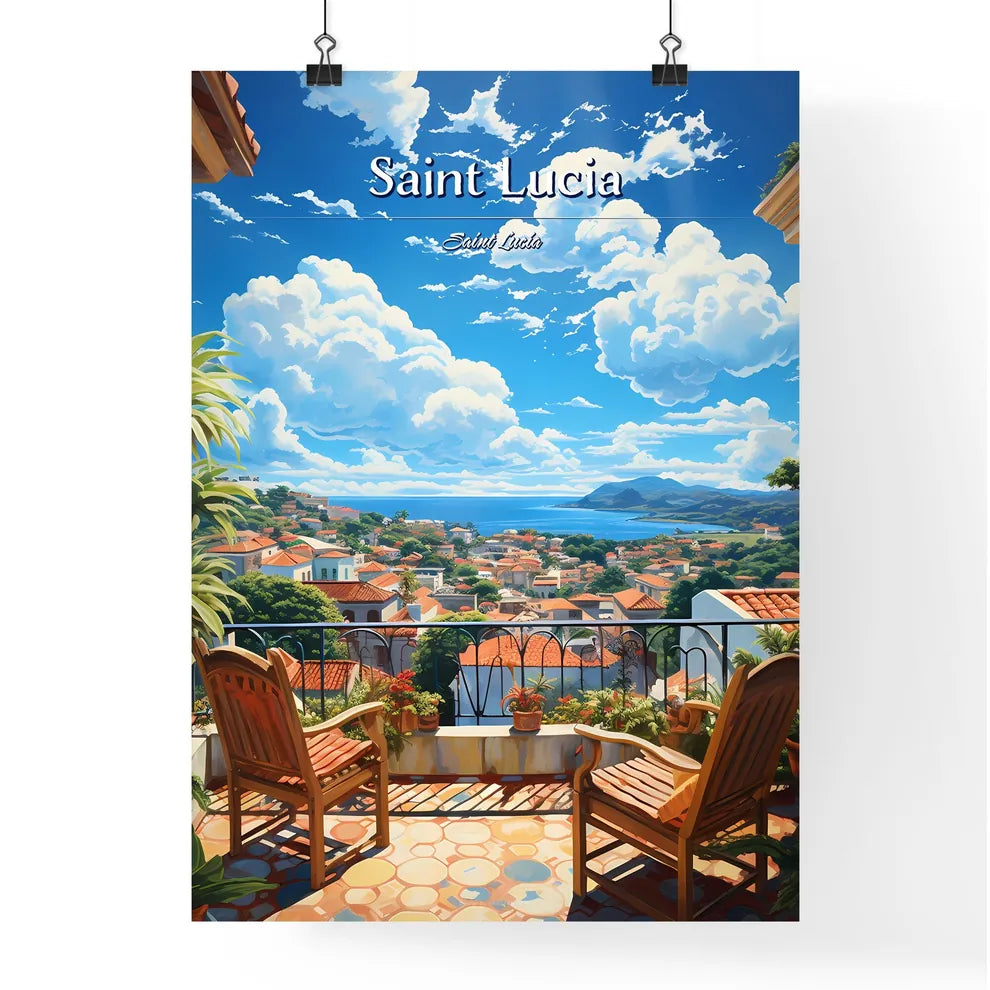 On the roofs of Saint Lucia, Saint Lucia - Art print of a view of a town from a balcony Poster