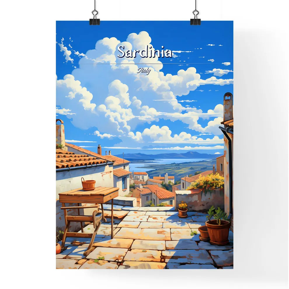 On the roofs of Sardinia, Italy - Art print of a stone patio with a table and plants on it Poster