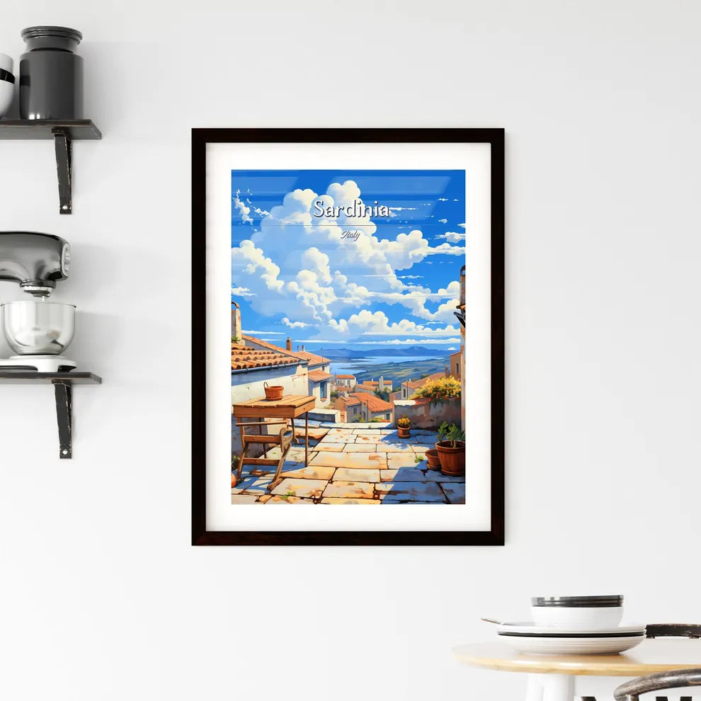 On the roofs of Sardinia, Italy - Art print of a stone patio with a table and plants on it Custom Print