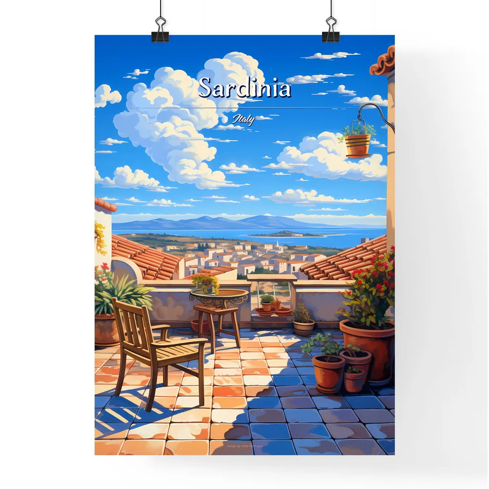 On the roofs of Sardinia, Italy - Art print of a painting of a rooftop with a view of a city and mountains Poster