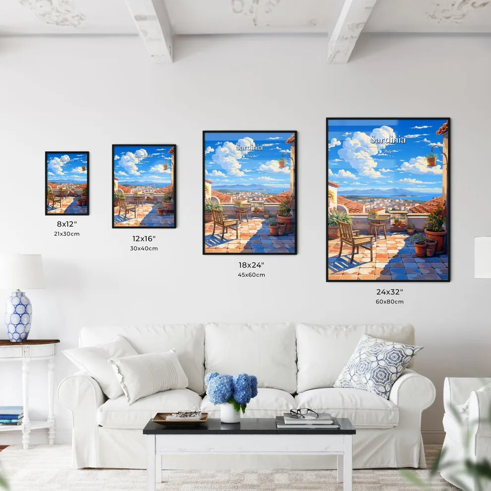 On the roofs of Sardinia, Italy - Art print of a painting of a rooftop with a view of a city and mountains Size Chart
