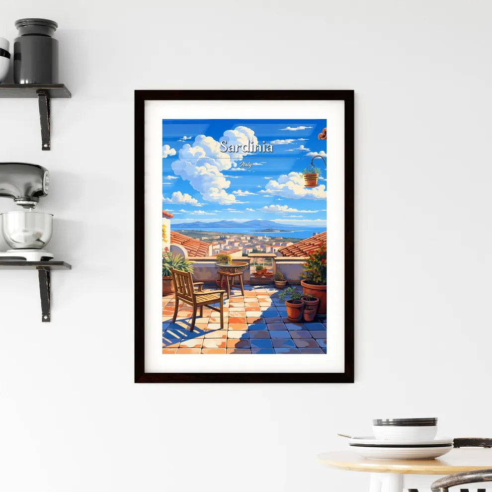 On the roofs of Sardinia, Italy - Art print of a painting of a rooftop with a view of a city and mountains Custom Print