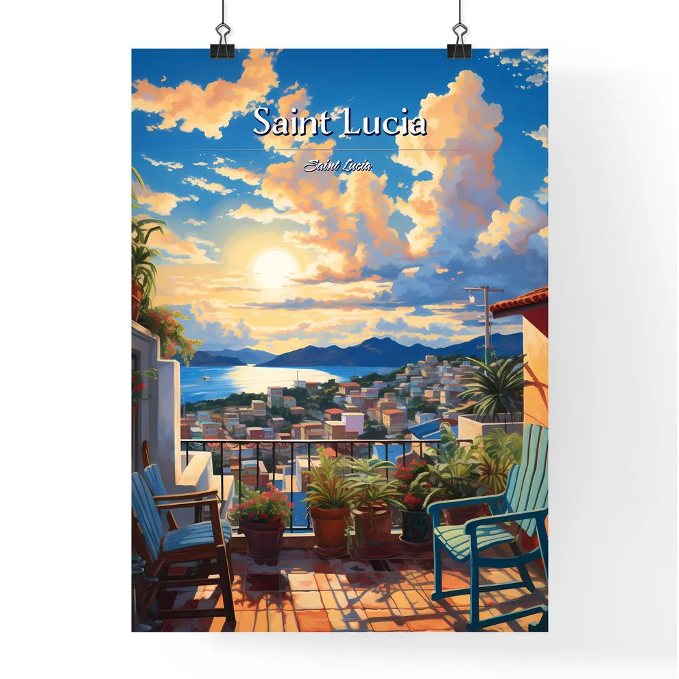 On the roofs of Saint Lucia, Saint Lucia - Art print of a balcony with chairs and plants on it Poster