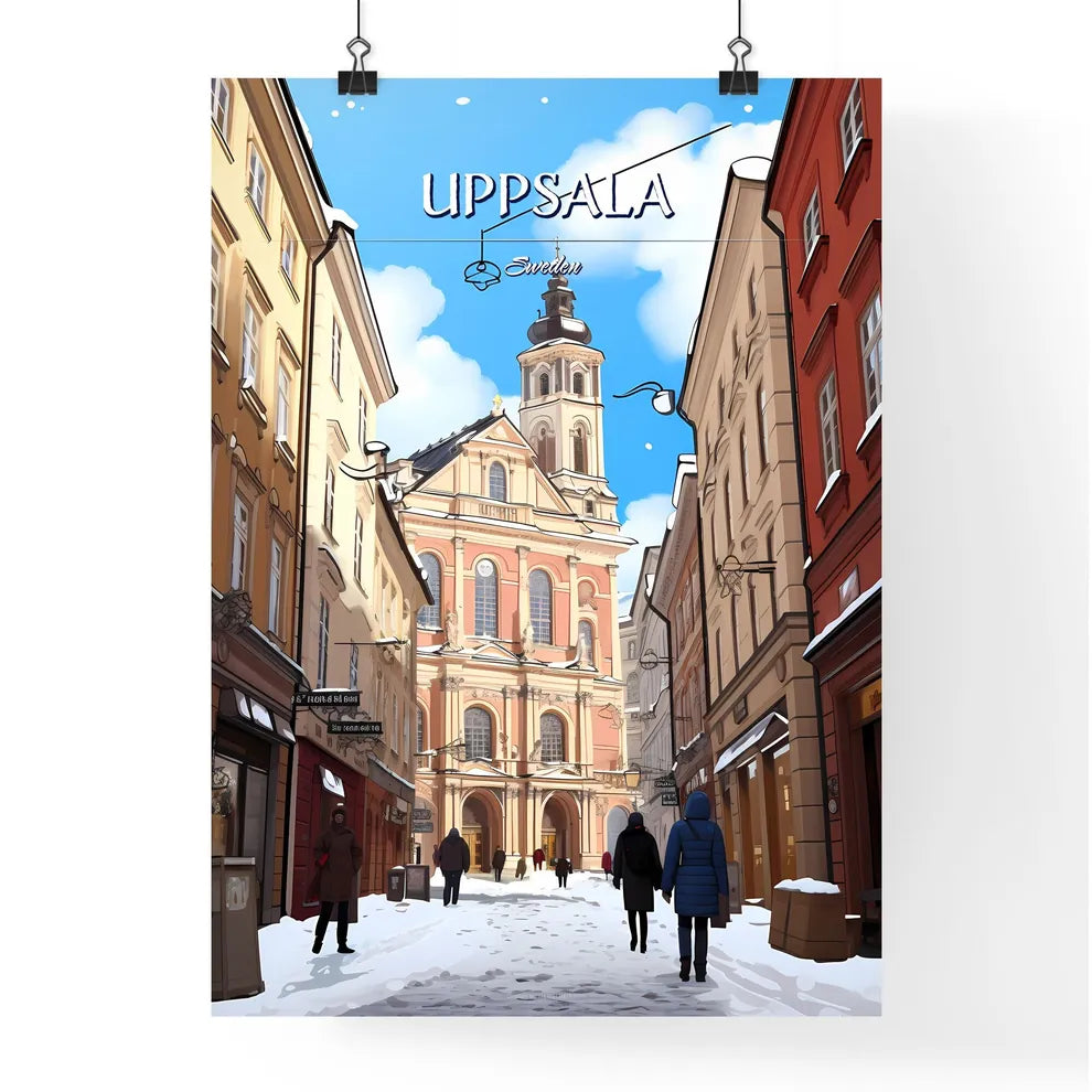 Uppsala, Sweden, - Art print of a group of people walking in a street with buildings and a building Poster