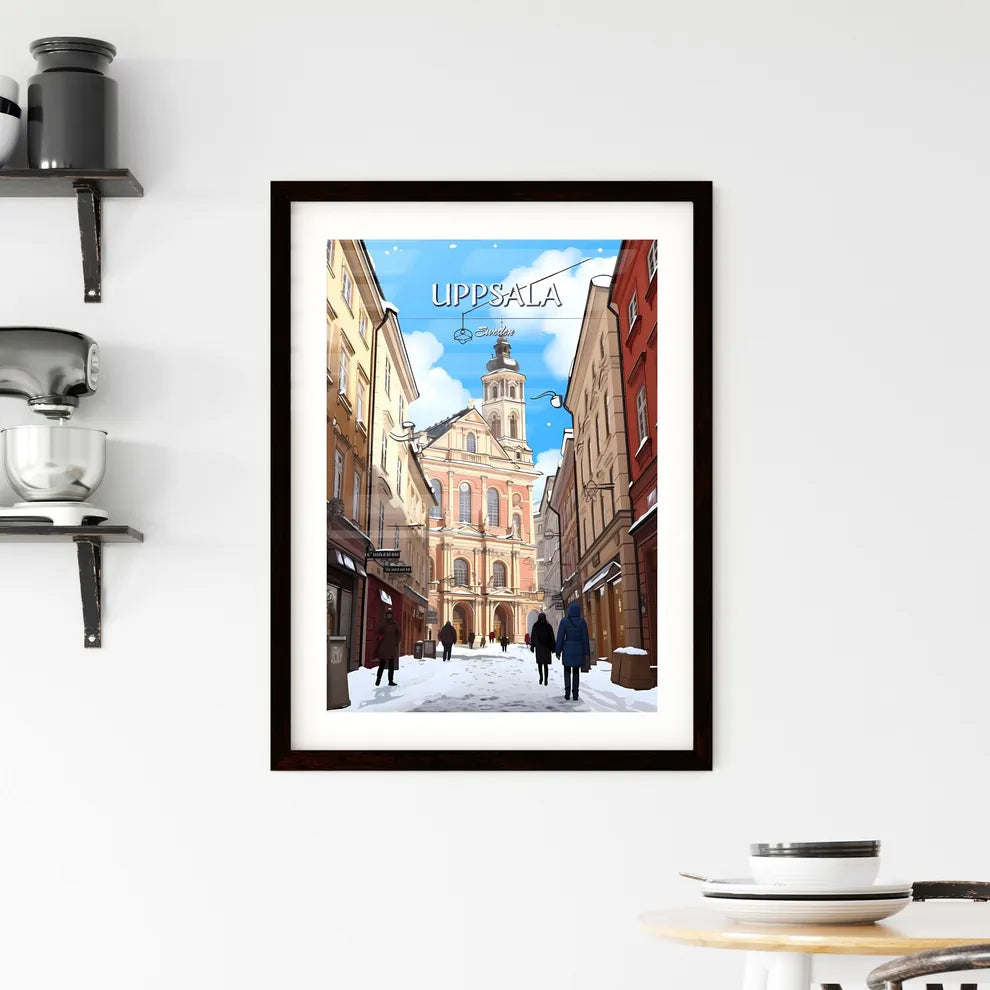 Uppsala, Sweden, - Art print of a group of people walking in a street with buildings and a building Custom Print
