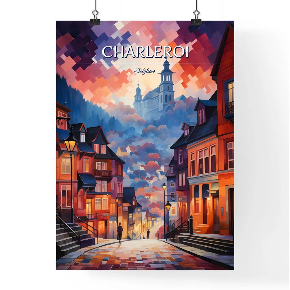 Charleroi, Belgium - Art print of a street with buildings and a church in the background Poster