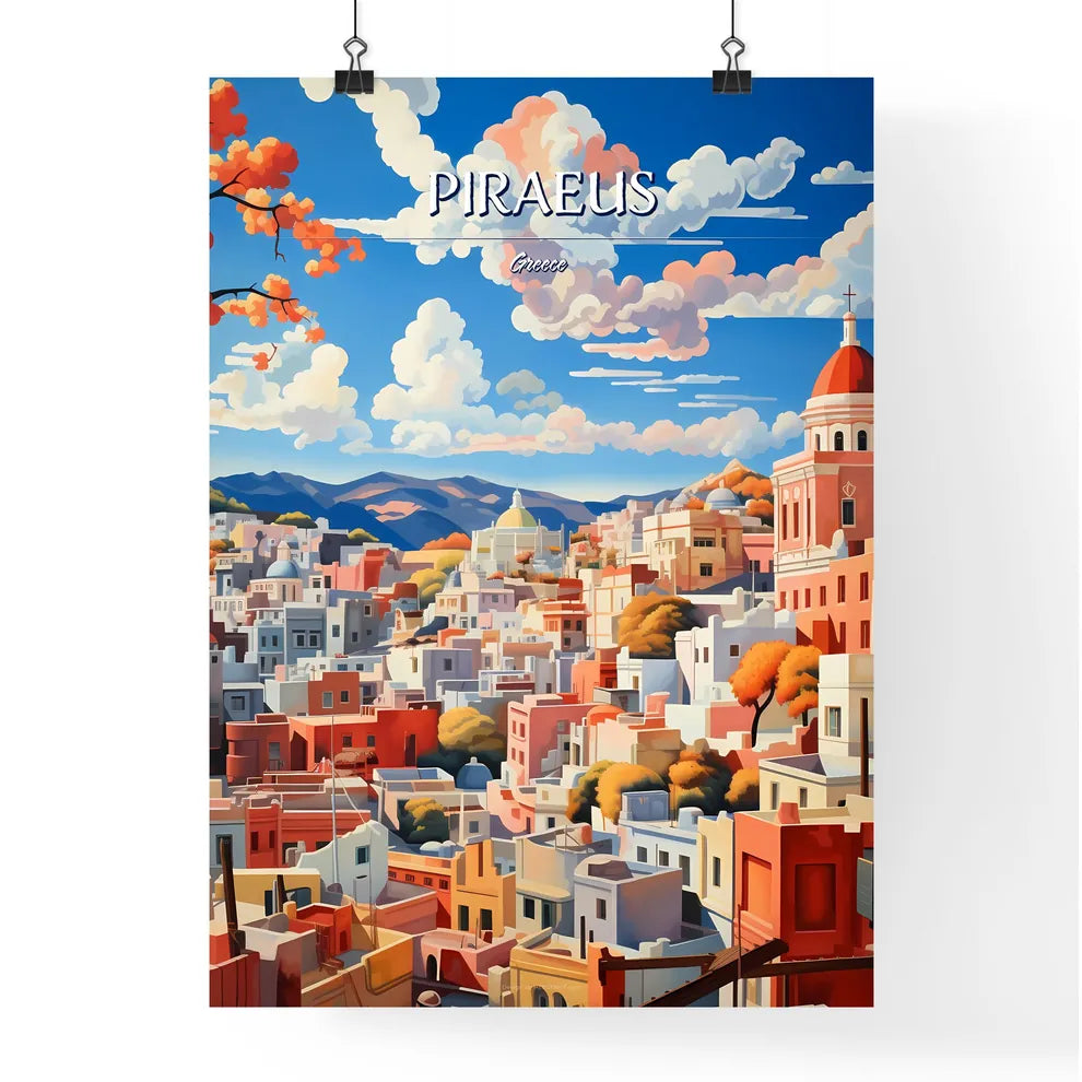 Piraeus, Greece - Art print of a colorful cityscape with mountains and trees Poster